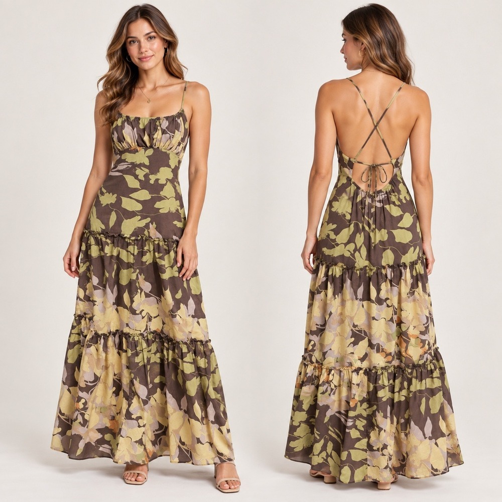 BCBGMAXAZRIA Brown Floral Tiered Maxi Dress Silk Lining Open Back Size Medium